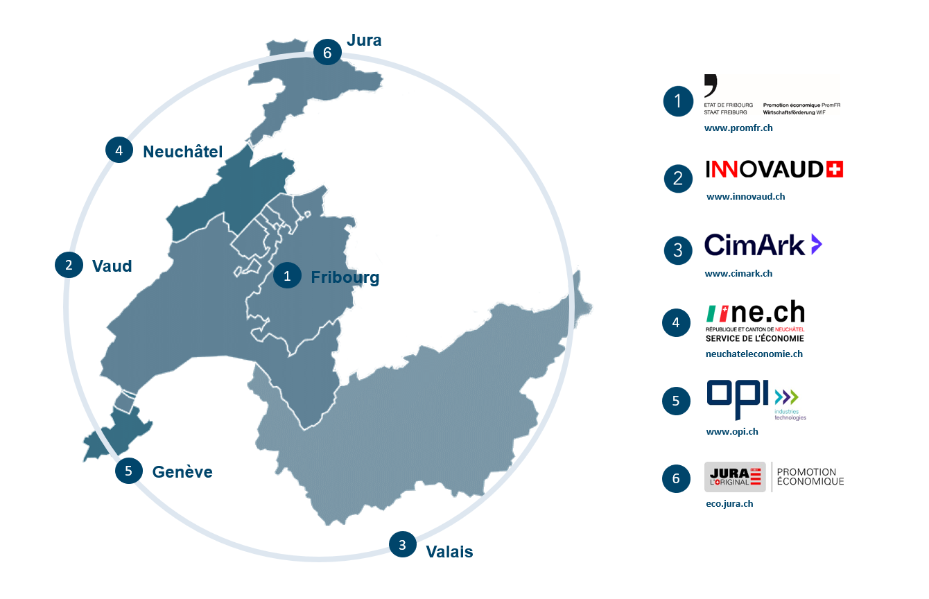 Carte présentant les antennes du RIS-SO qui sont les points de contacts pour platinn dans chaque canton de Suisse occidentale